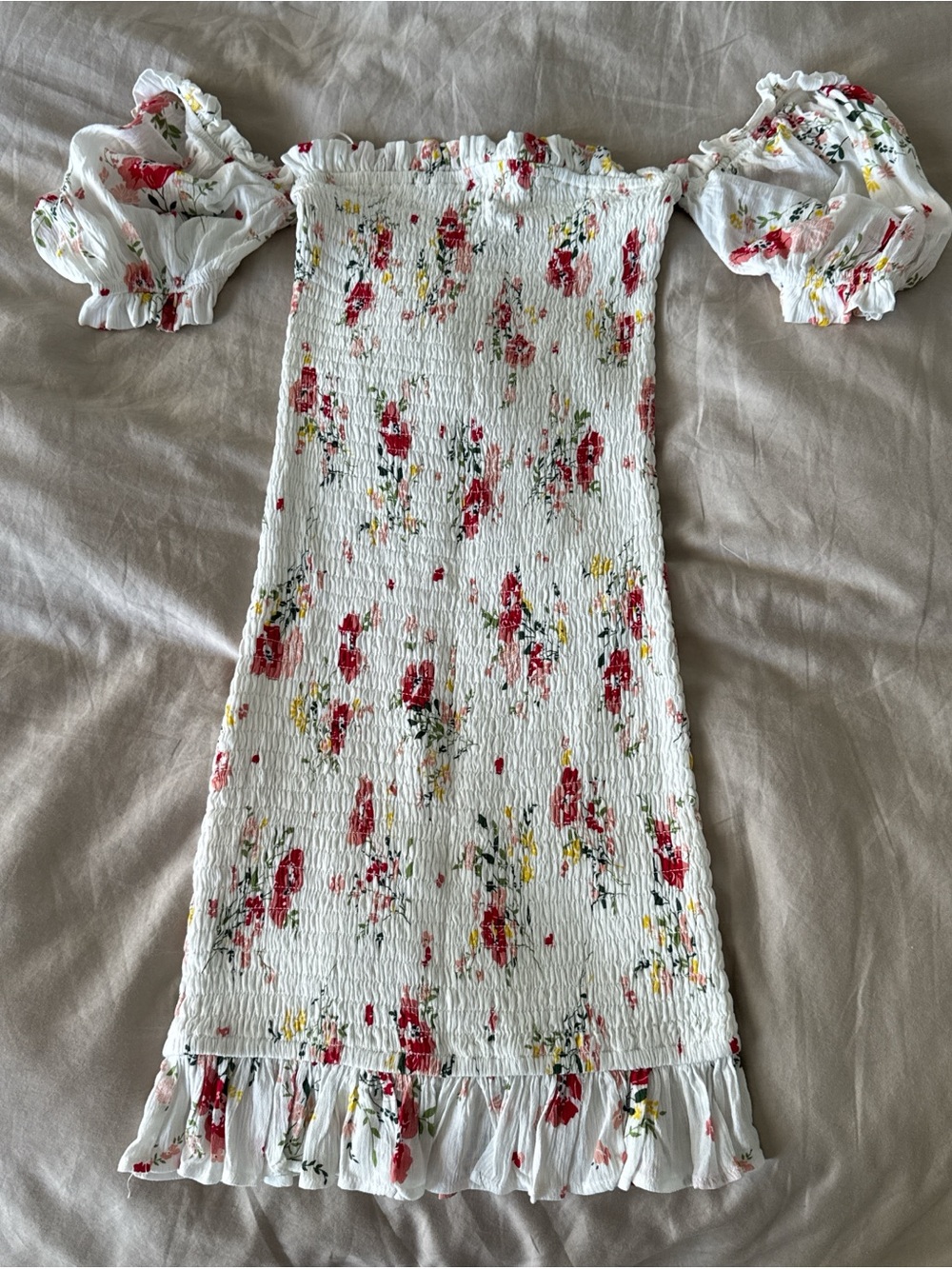 Acqua White Floral Smocked Off-Shoulder Dress with Puff Sleeves